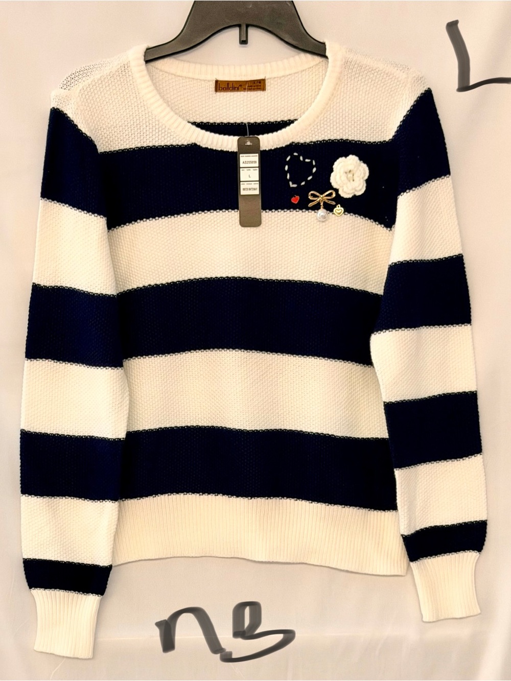 Belldini Navy & White Striped Crewneck Sweater with Floral Accent